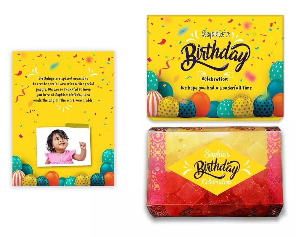 Design Number 10 for Jelly Sweets in Customized Boxes with Small Foldable Message Cards for Birthday Return Gifts