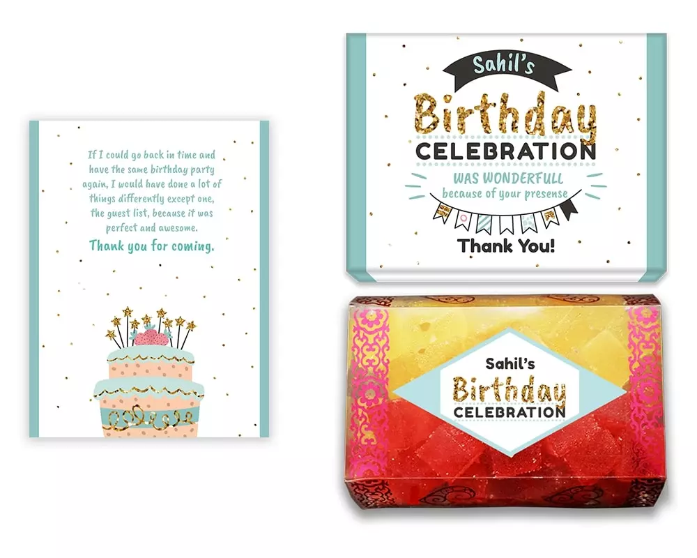 Design Number 3 for Jelly Sweets in Customized Boxes with Small Foldable Message Cards for Birthday Return Gifts