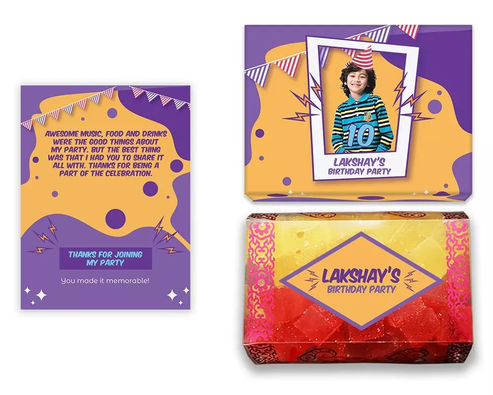 Design Number 4 for Jelly Sweets in Customized Boxes with Small Foldable Message Cards for Birthday Return Gifts