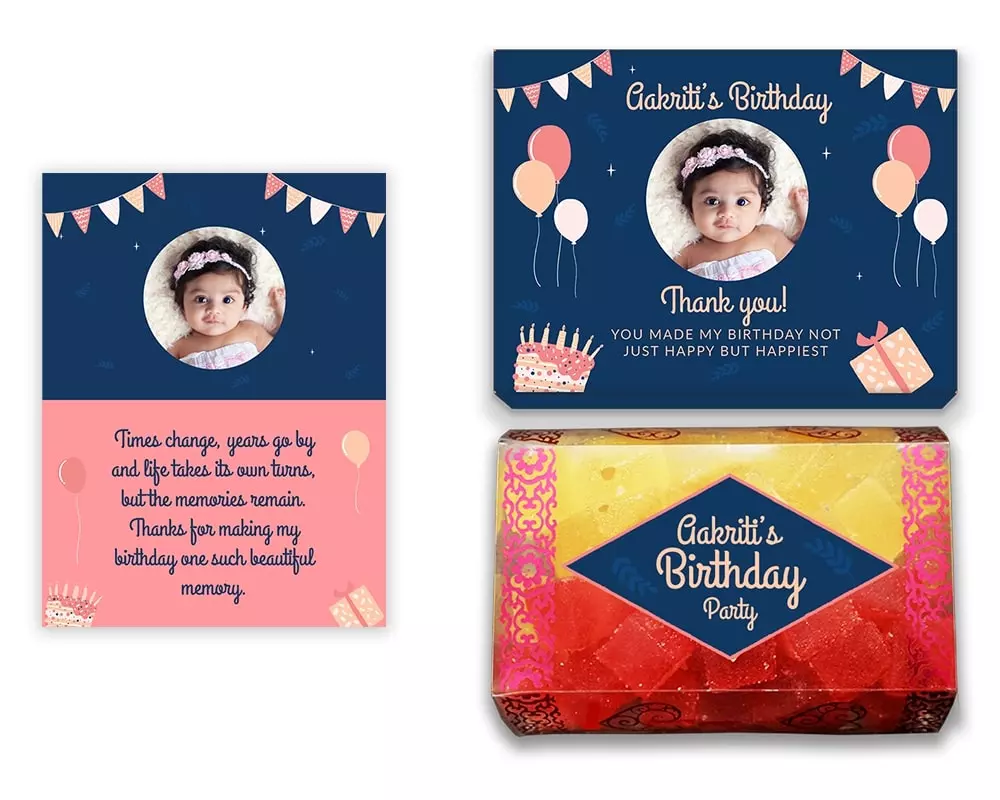 Design Number 9 for Jelly Sweets in Customized Boxes with Small Foldable Message Cards for Birthday Return Gifts