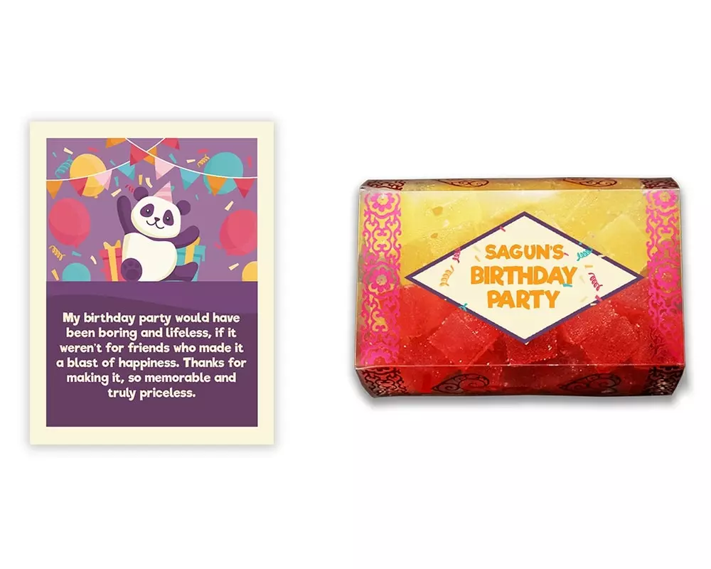 Design Number 1 for Jelly Sweets in Transparent Boxes with Small Foldable Message Cards for Birthday Return Gifts