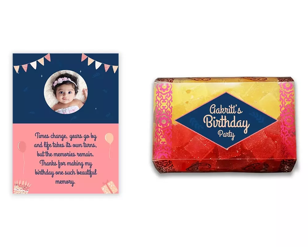 Design Number 9 for Jelly Sweets in Transparent Boxes with Small Foldable Message Cards for Birthday Return Gifts