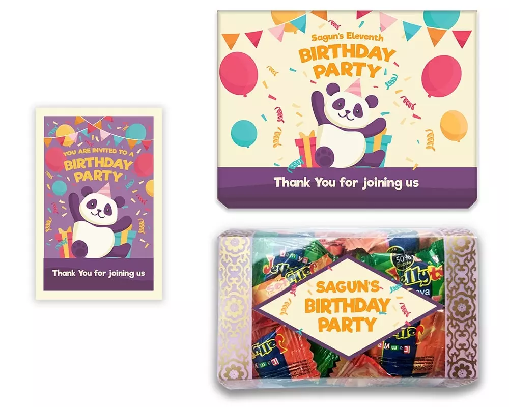 Design Number 1 for Jelly Candies in Customized Boxes with Small Message Cards for Birthday Return Gifts