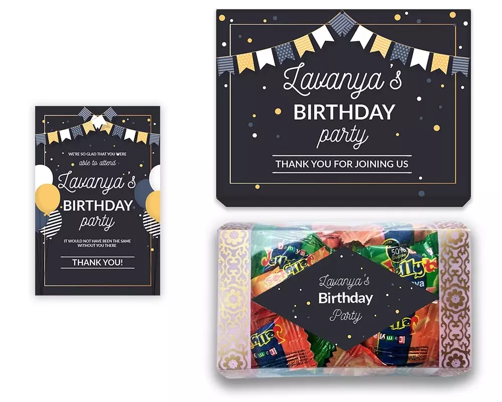 Design Number 6 for Jelly Candies in Customized Boxes with Small Message Cards for Birthday Return Gifts