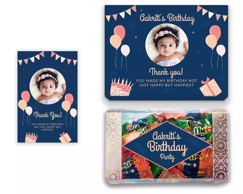 Design Number 9 for Jelly Candies in Customized Boxes with Small Message Cards for Birthday Return Gifts
