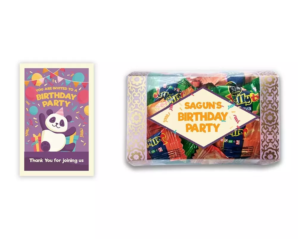 Design Number 1 for Jelly Candies in Transparent Boxes with Small Message Cards for Birthday Return Gifts