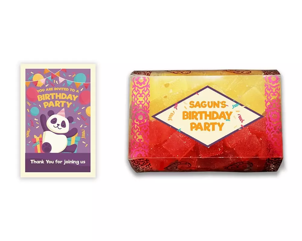 Design Number 1 for Jelly Sweets in Transparent Boxes with Small Message Cards for Birthday Return Gifts