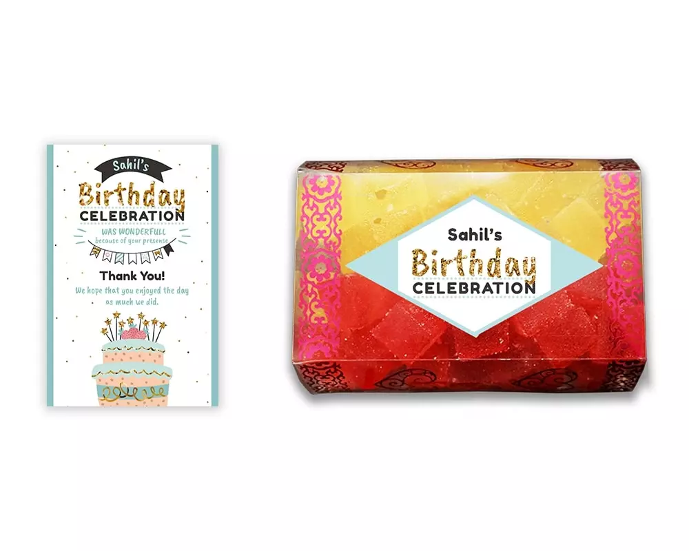 Design Number 3 for Jelly Sweets in Transparent Boxes with Small Message Cards for Birthday Return Gifts